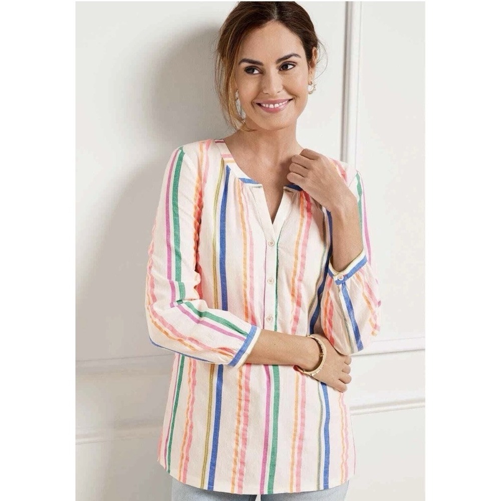 Talbots Neon Sensation‎ Stripe Pullover Blouse Lightweight Size Large Petite